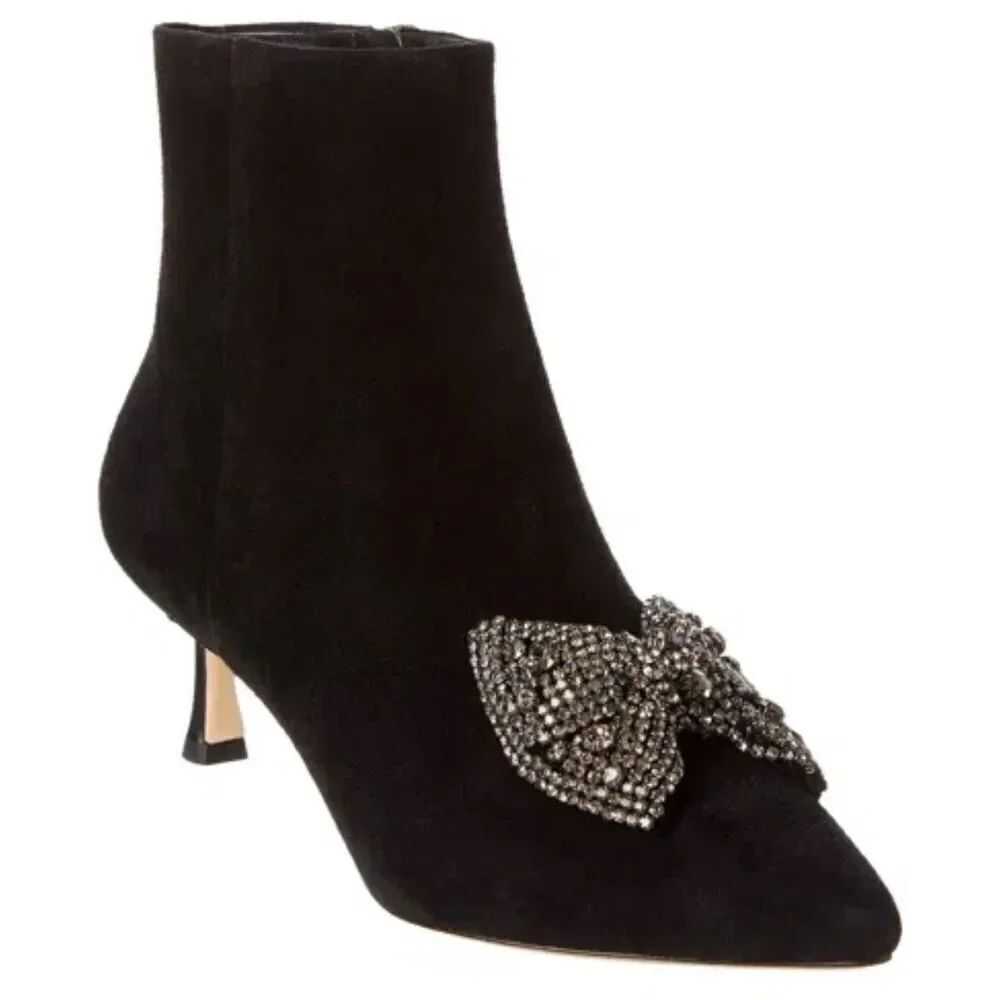 New Tory Burch $498 Embellished Crystal Bow Leather Suede Ankle Booties Boots 9